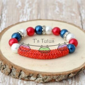 Red Rhinestone Clay Pave Bar Pearl Beaded Stretch Bracelet Independence Day